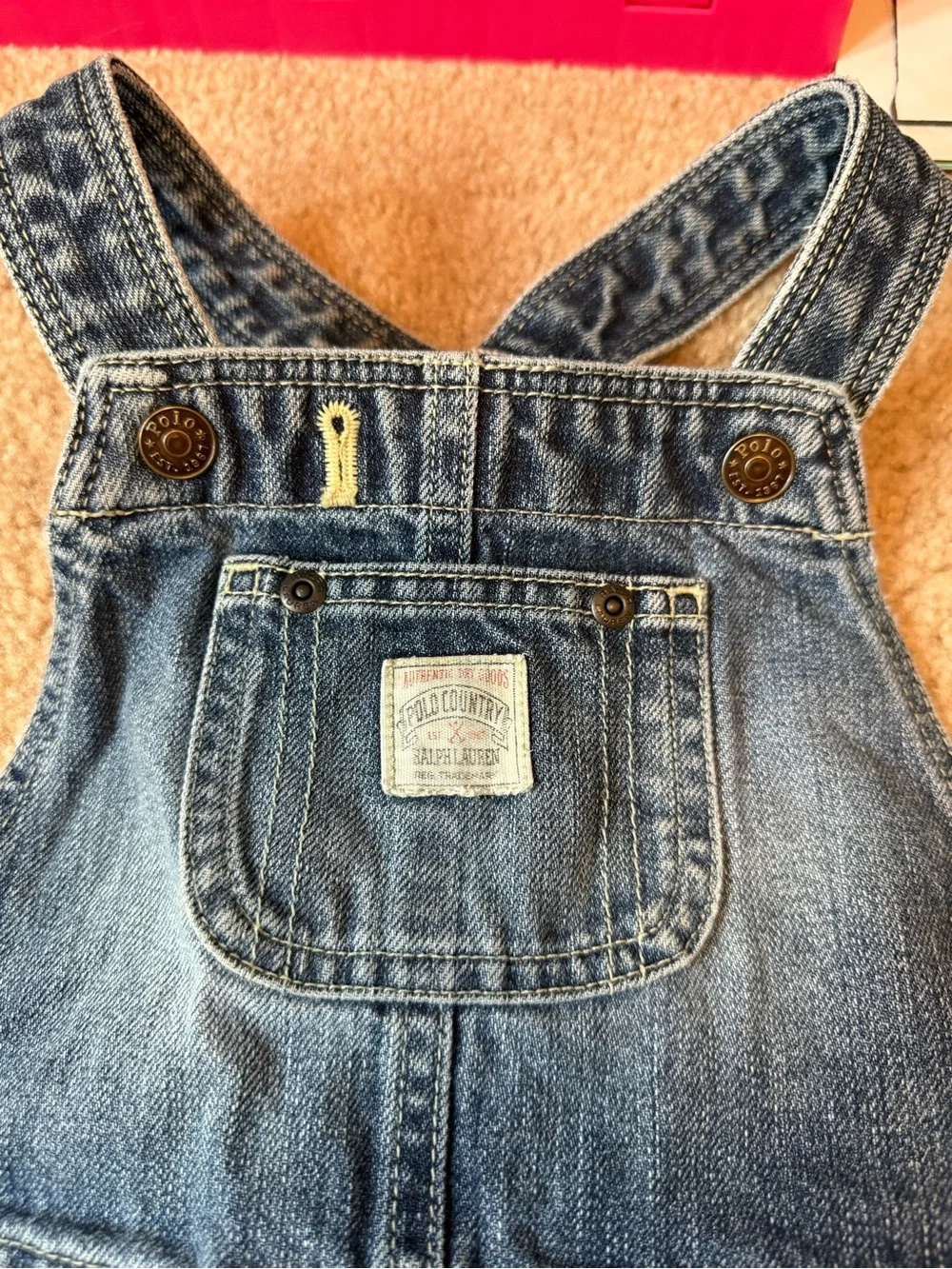 Ralph Lauren Kids Denim Overalls with Rolled Plaid Cuff - Blue